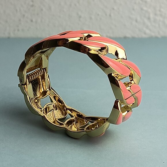 Statement Chain Link Glaze Hinged Bangle Bracelet Oval Coral Pink Gold M… - Picture 7 of 8